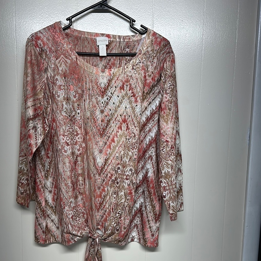 Chico's Pink and Cream 3/4 Sleeve Tie Front Blouse